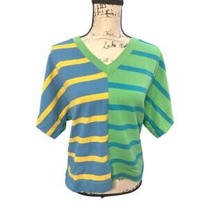Cabi Colorblock Striped V-Neck Tee XS – Blue, Yellow, and Green Pop Top